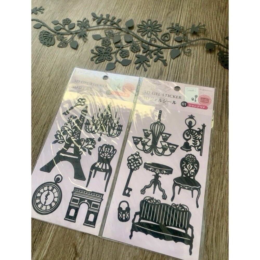 NWT 3D Gel Sticker Set Paris Victorian Flowers Black Scrapbooking Metal Decor